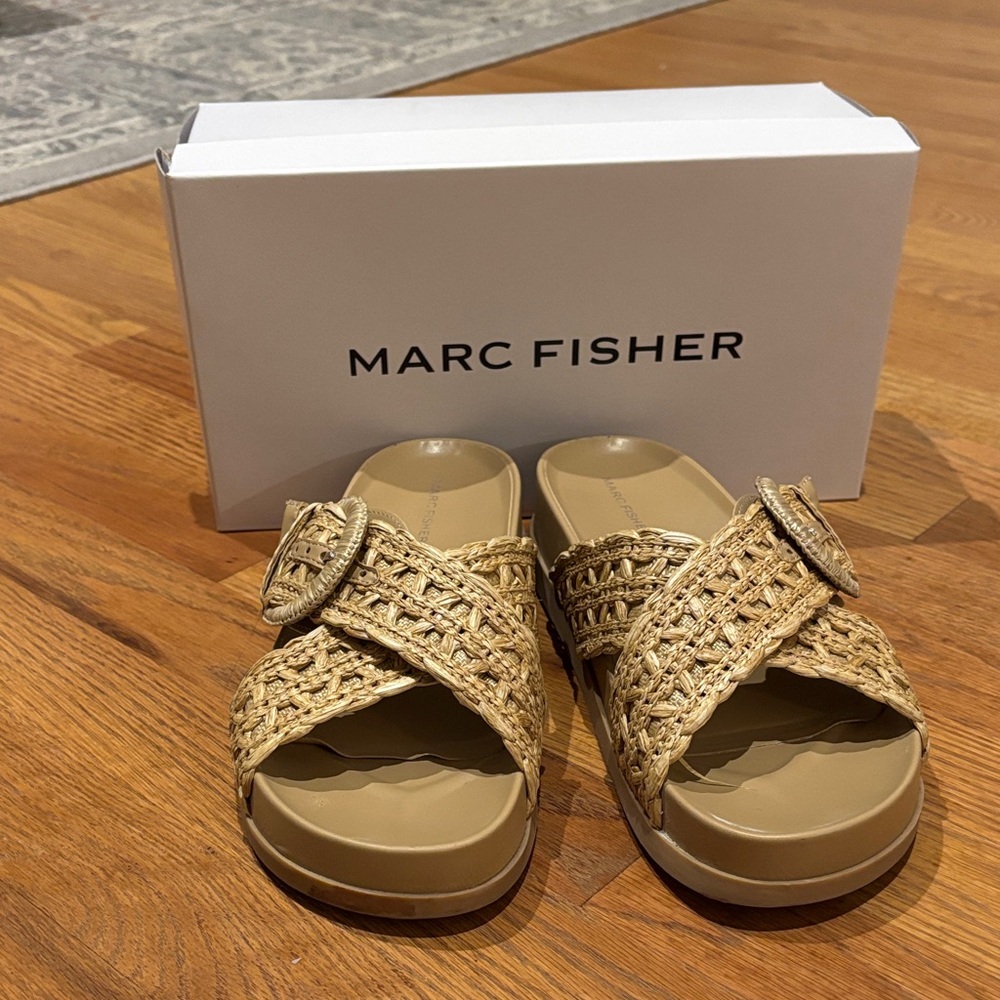 Marc Fisher Beige Woven Slide Sandals